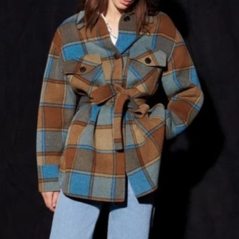 Plaid Belted Jacket - Blue and Brown